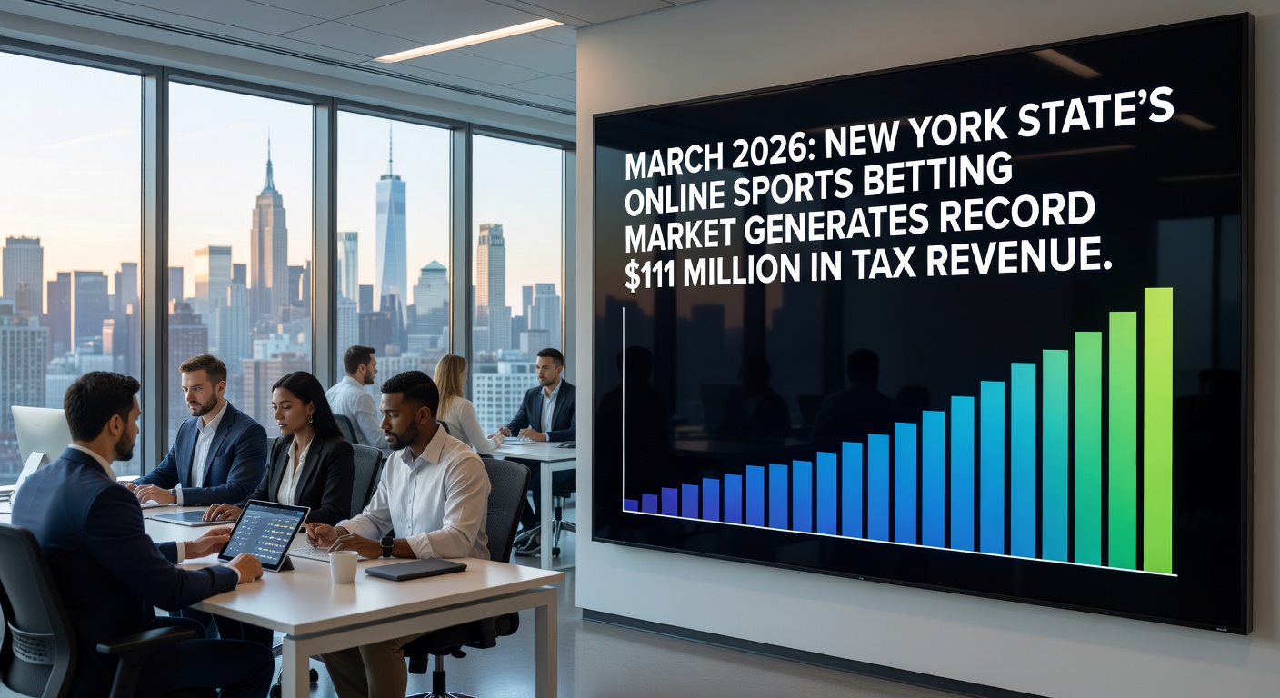 Graph charting New York sports betting revenue trends from 2022-2026, with March 2026 peak highlighted amid rising lines