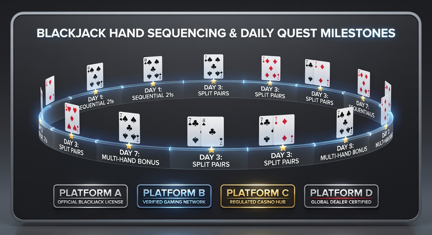 Blackjack table layout showing sequential hand patterns next to daily quest milestone trackers on a licensed gaming platform interface