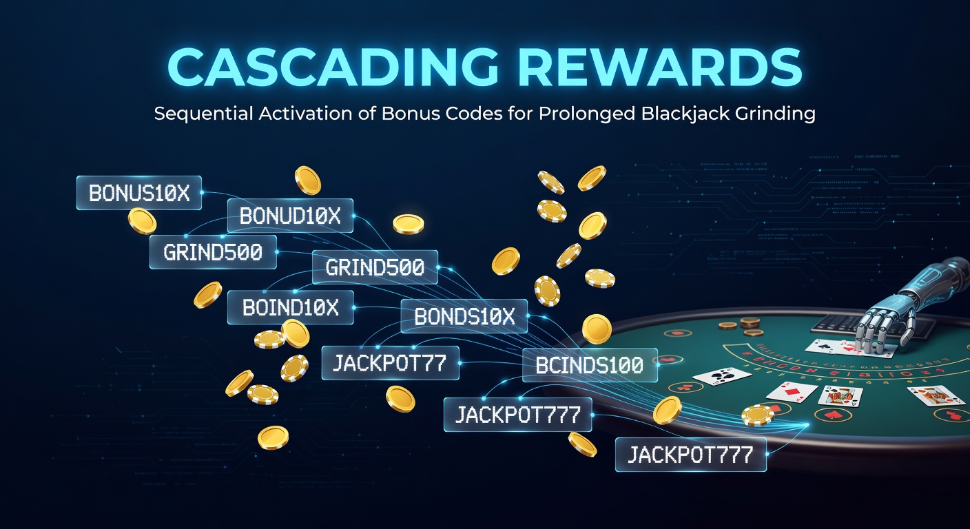 Digital illustration showing a chain of glowing bonus codes cascading into a blackjack table, symbolizing sequential activations for extended play
