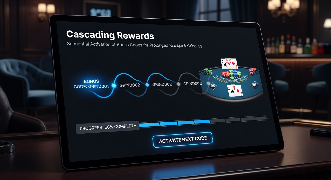 Diagram illustrating a flowchart of sequential bonus code activations, with arrows showing progression from one reward to the next on a blackjack grinding timeline