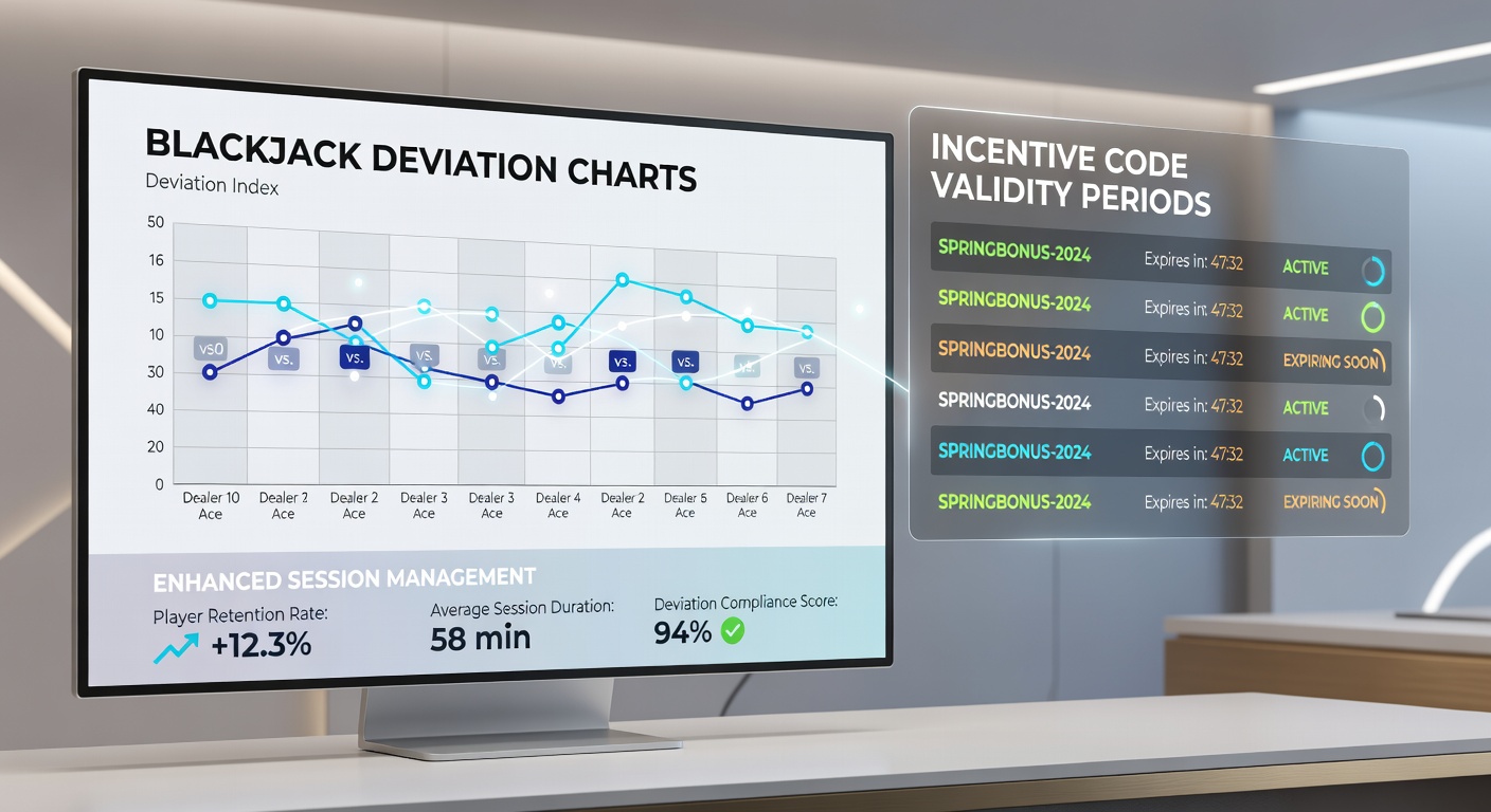 Blackjack table layout showing deviation chart overlays next to active promotional code timers on a digital casino interface