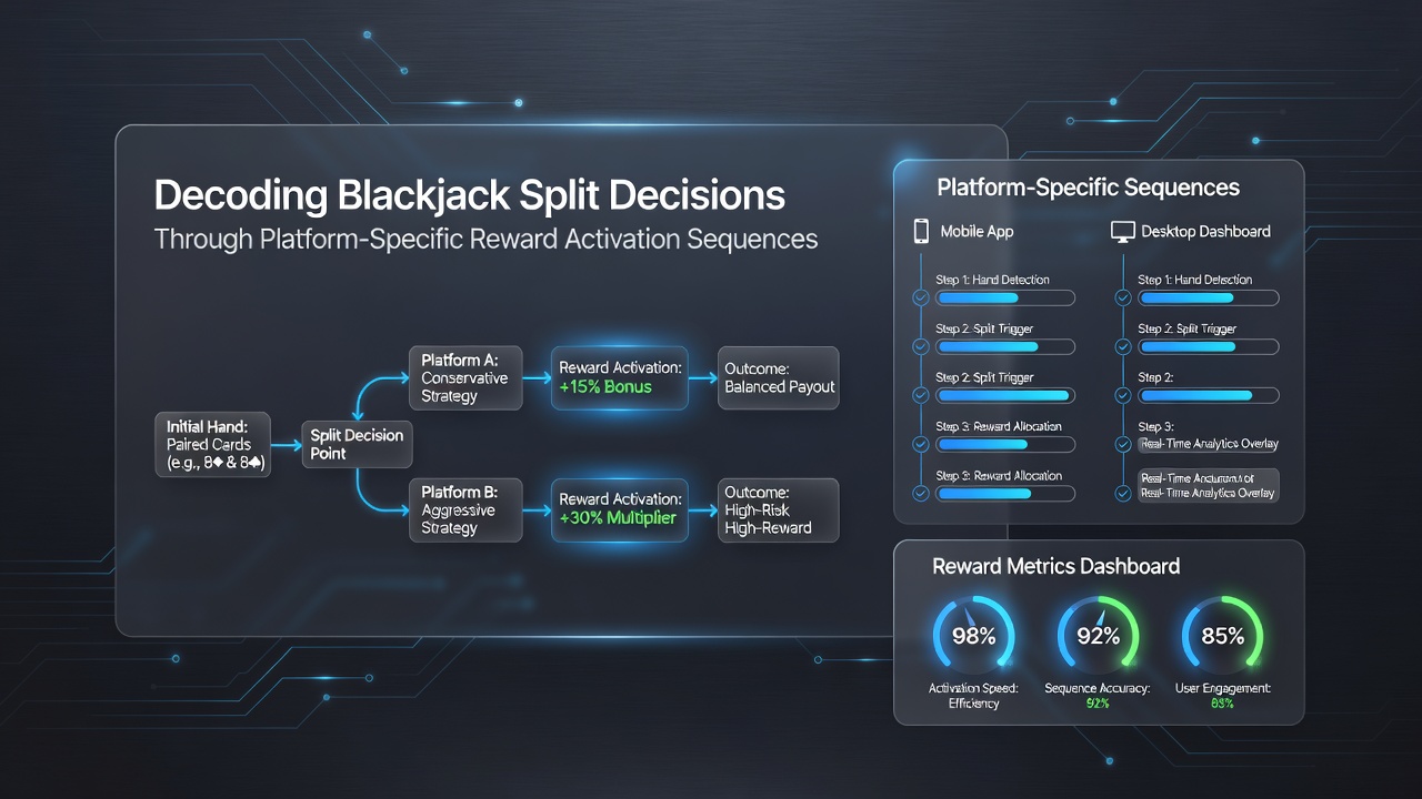 Flowchart illustrating reward activation sequences linked to blackjack pair splits and platform timelines