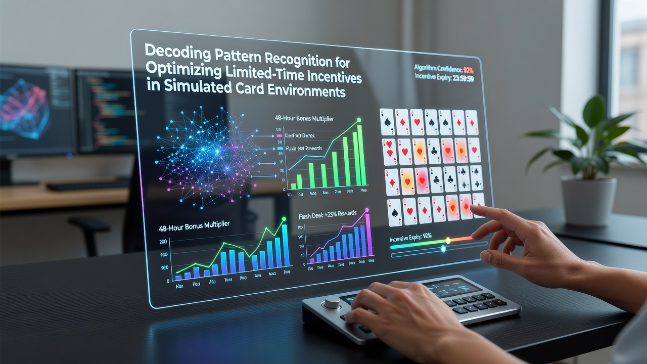 Visualization of pattern recognition algorithms analyzing card sequences and time-bound incentive structures in digital simulation platforms
