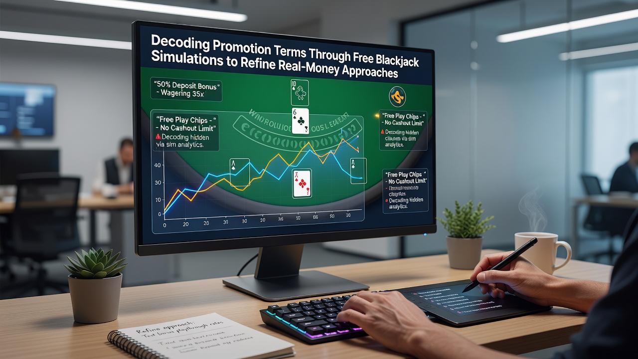 Blackjack player analyzing promotion terms on a digital interface during a free simulation session