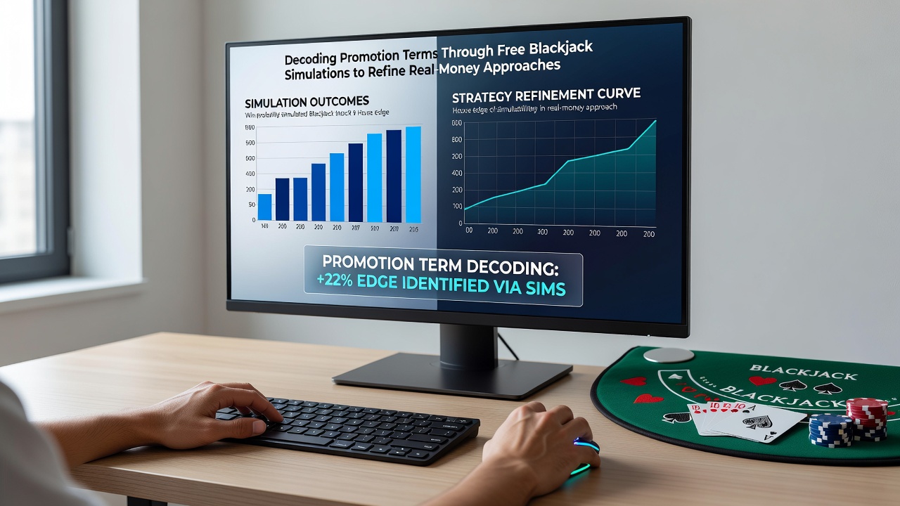 Detailed view of blackjack simulation software displaying promotion rules and hand outcome statistics