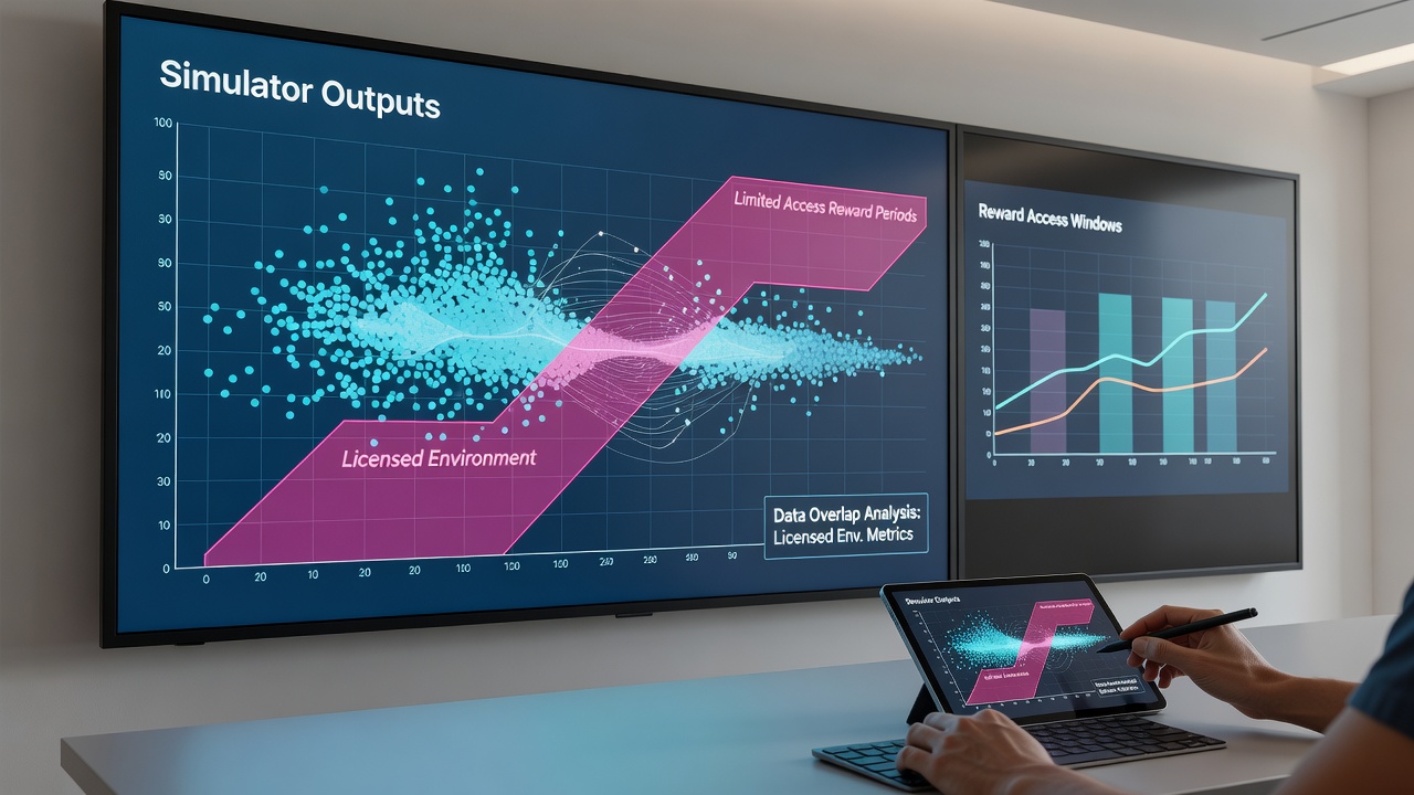 Screenshot of compliance dashboard displaying overlapping simulator metrics and reward period timelines