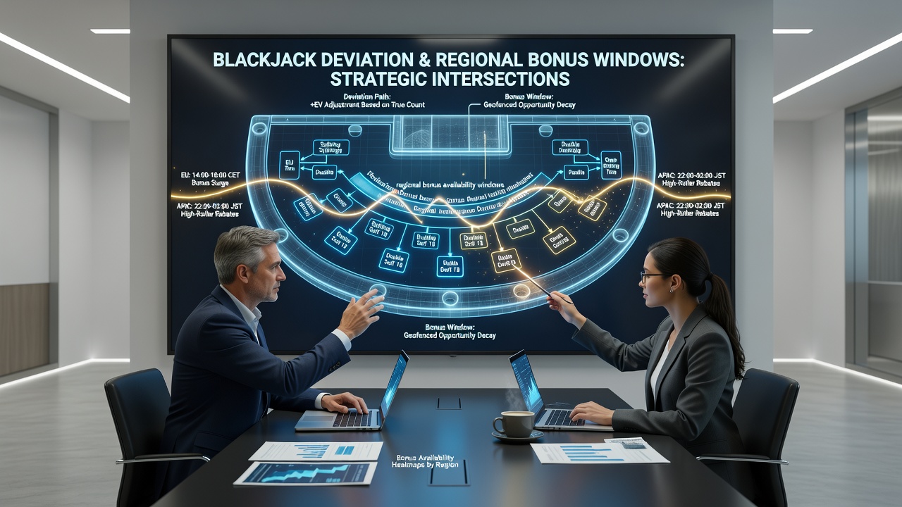 Blackjack table layout showing deviation charts alongside regional bonus timelines