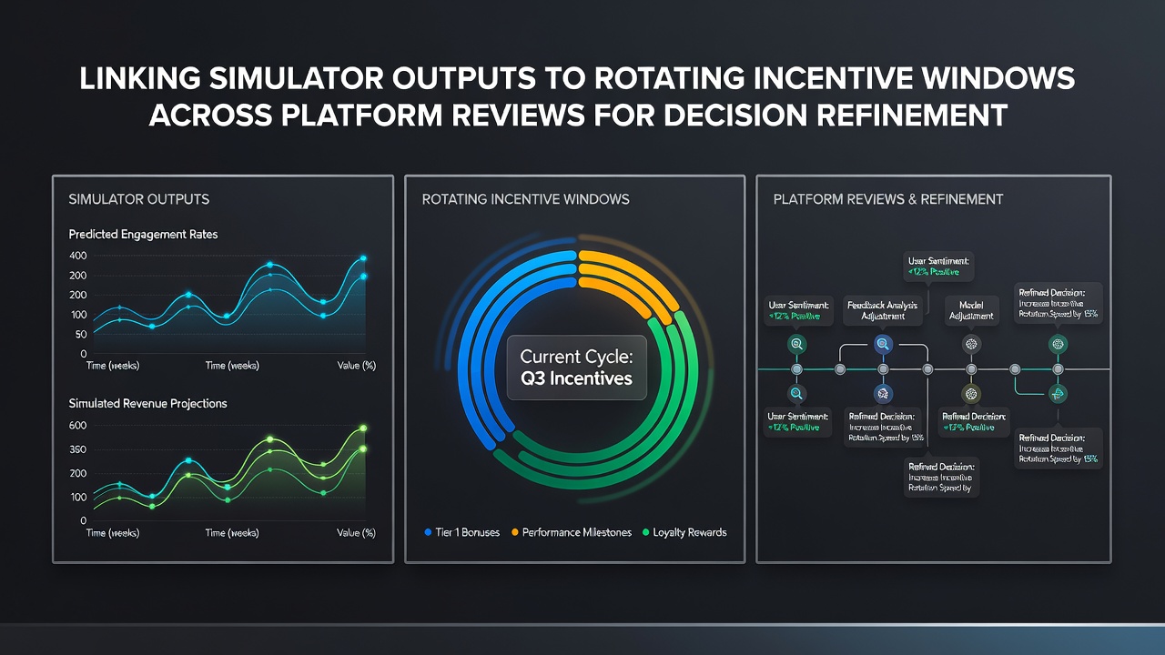 Multi-platform review interface showing synchronized incentive calendars and simulator metrics
