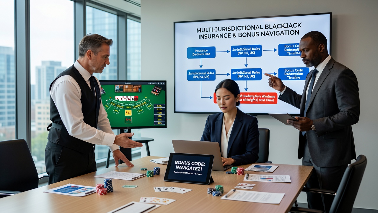 Split screen view of blackjack insurance bet and bonus redemption timer on a cross-border gaming site