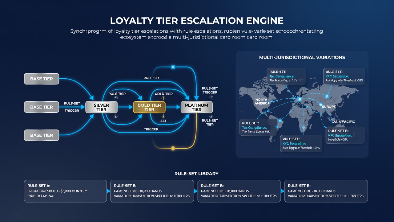 Multi-jurisdictional card room floor plan overlaid with loyalty escalation pathways and rule variation markers