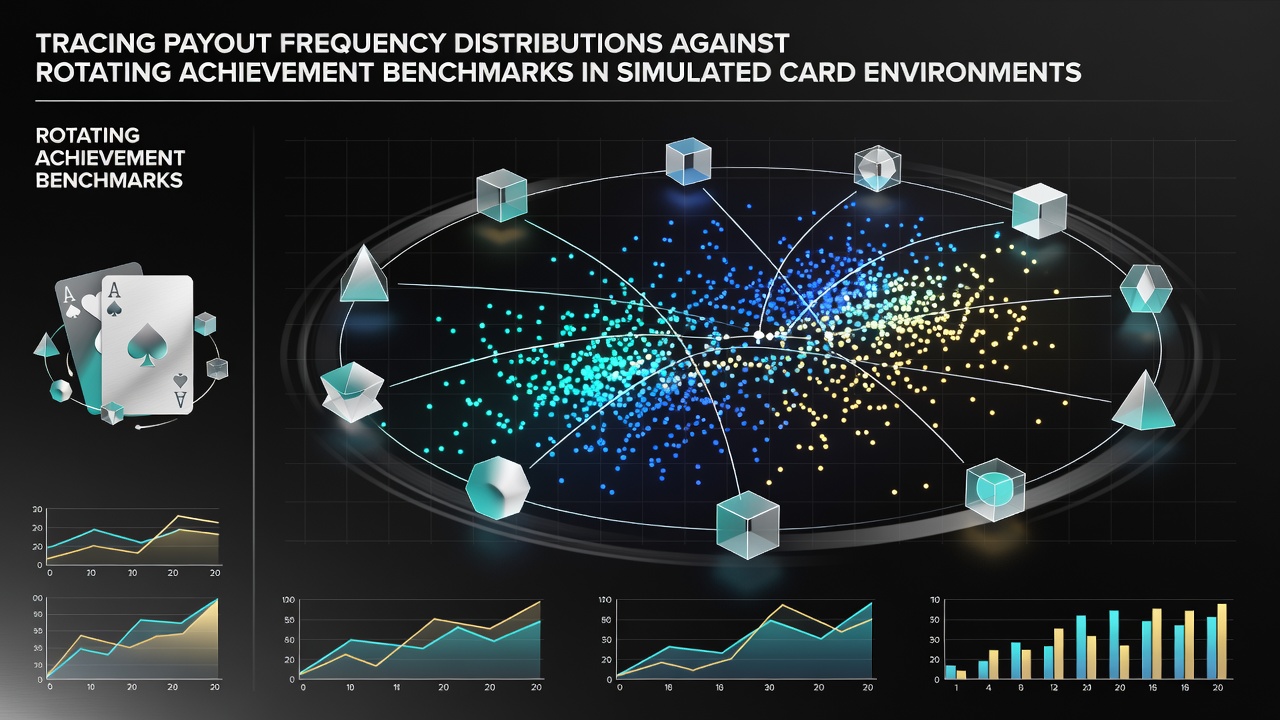 Simulation dashboard displaying payout frequency distributions plotted against rotating achievement benchmarks in card game environments