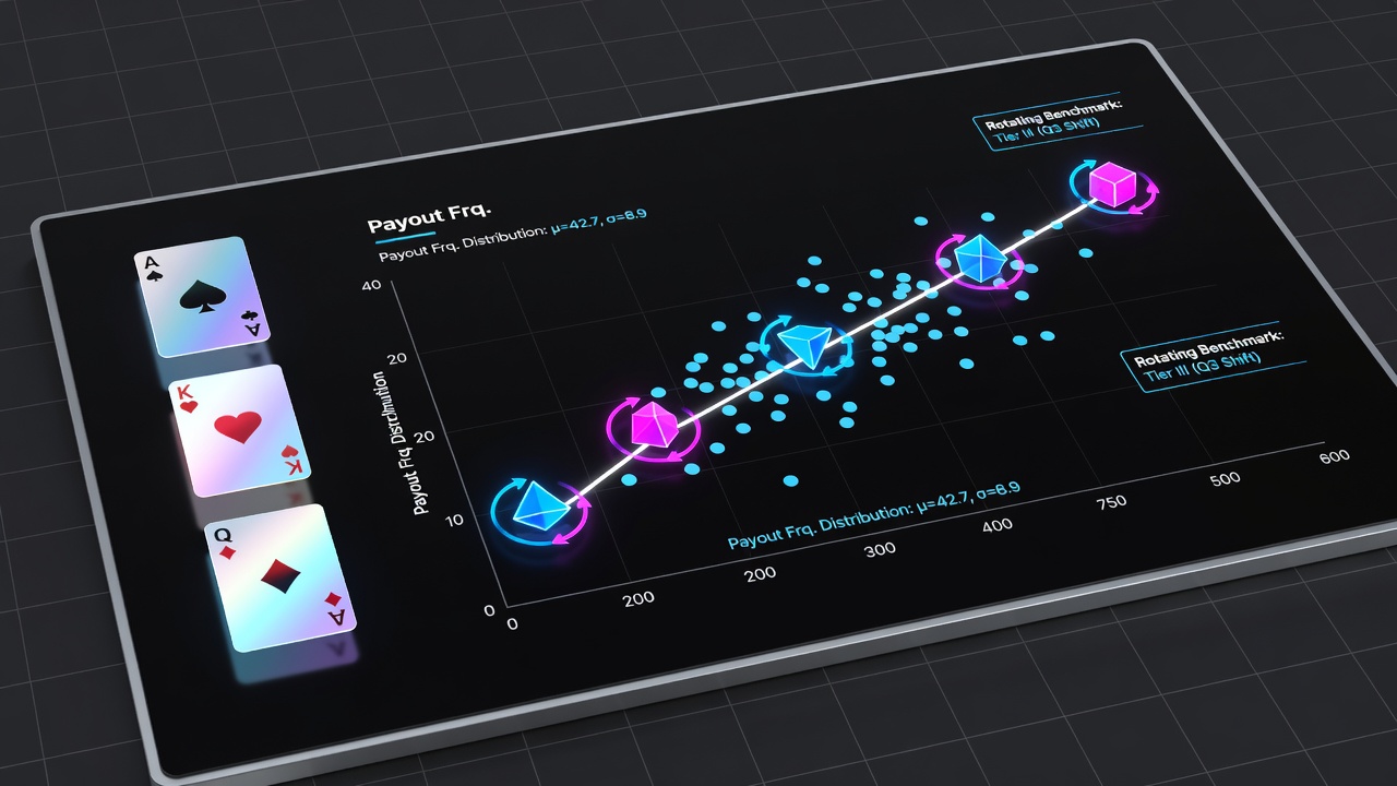 Detailed graph showing payout frequency curves overlaid with rotating benchmark lines from multiple simulation runs